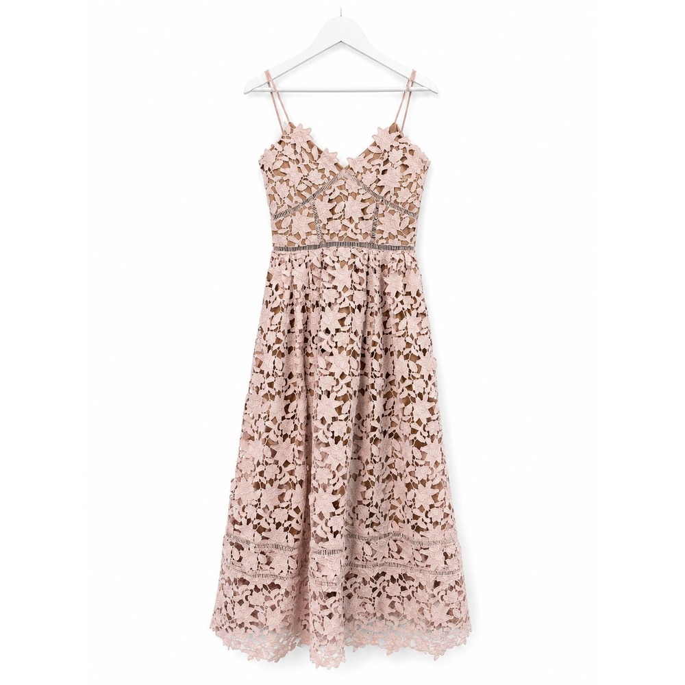 Roselani Blush Pink Floral Crochet Lace Fit & Flare Midi Dress Spaghetti Strap S